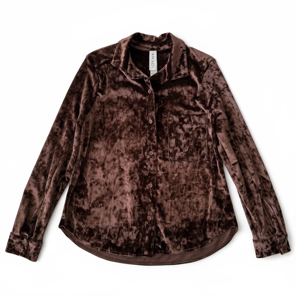 Anthropologie - Amadi – Crushed Velvet Button-Down Shirt – Chocolate Brown